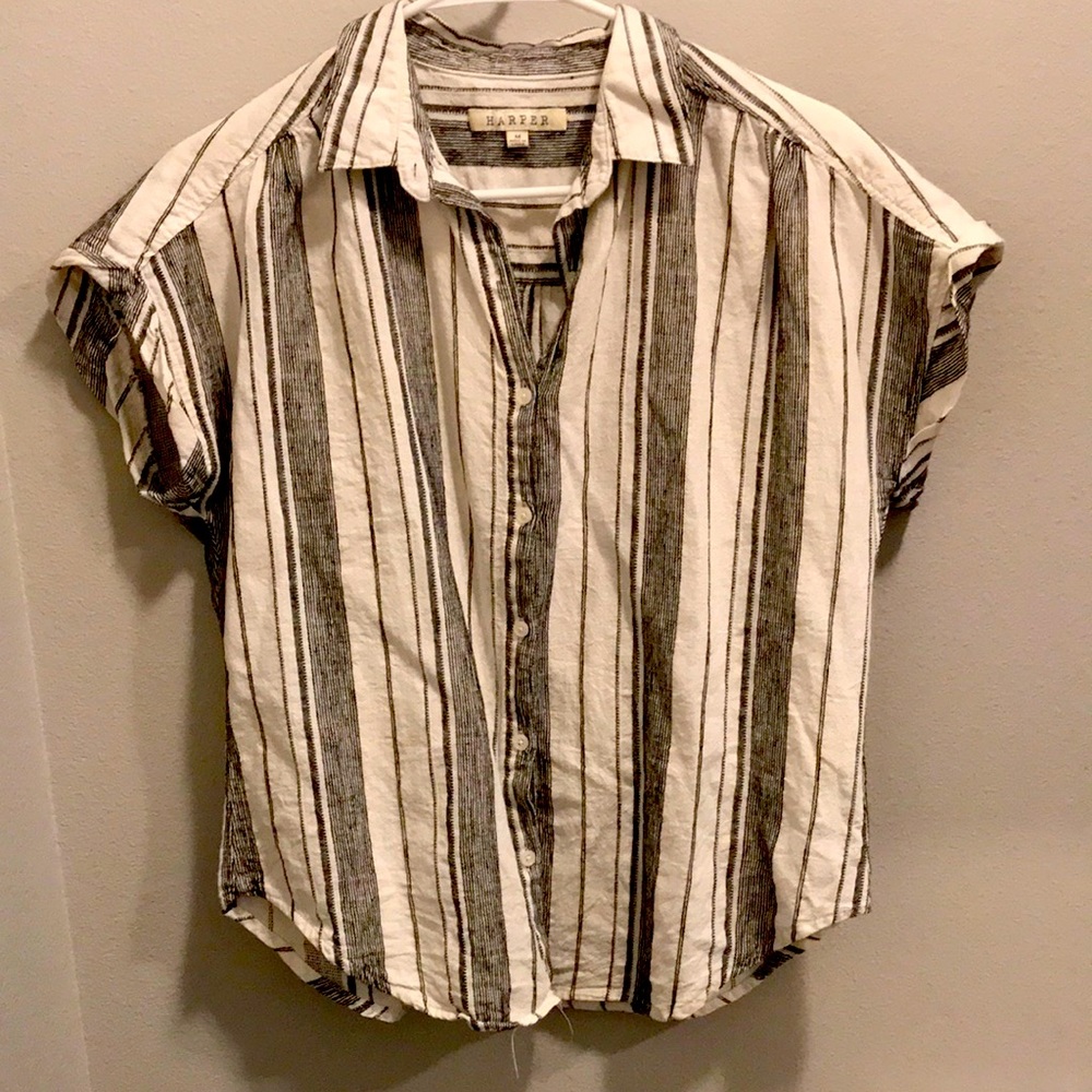 Cream and black striped blouse.
